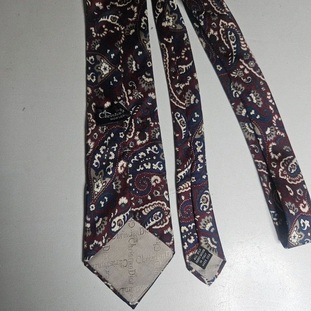Christian Dior Monsieur‎ Silk Paisley Tie Burgundy Navy Blue Woven Italy Vintage